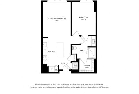 Floor plan for 1 bed, 1 bath, 839 sqft